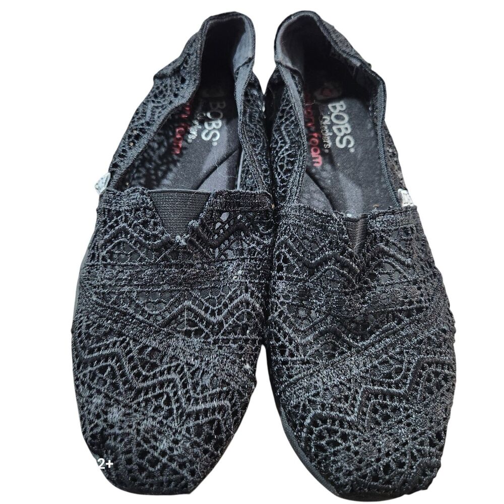 Skechers BOBS Black Lace Slip On Flats Memory Foam Comfort Casual Shoes